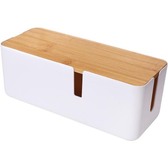 Small Cable Management Box with Bamboo Lid for Extension Cord Power Stripe Surge